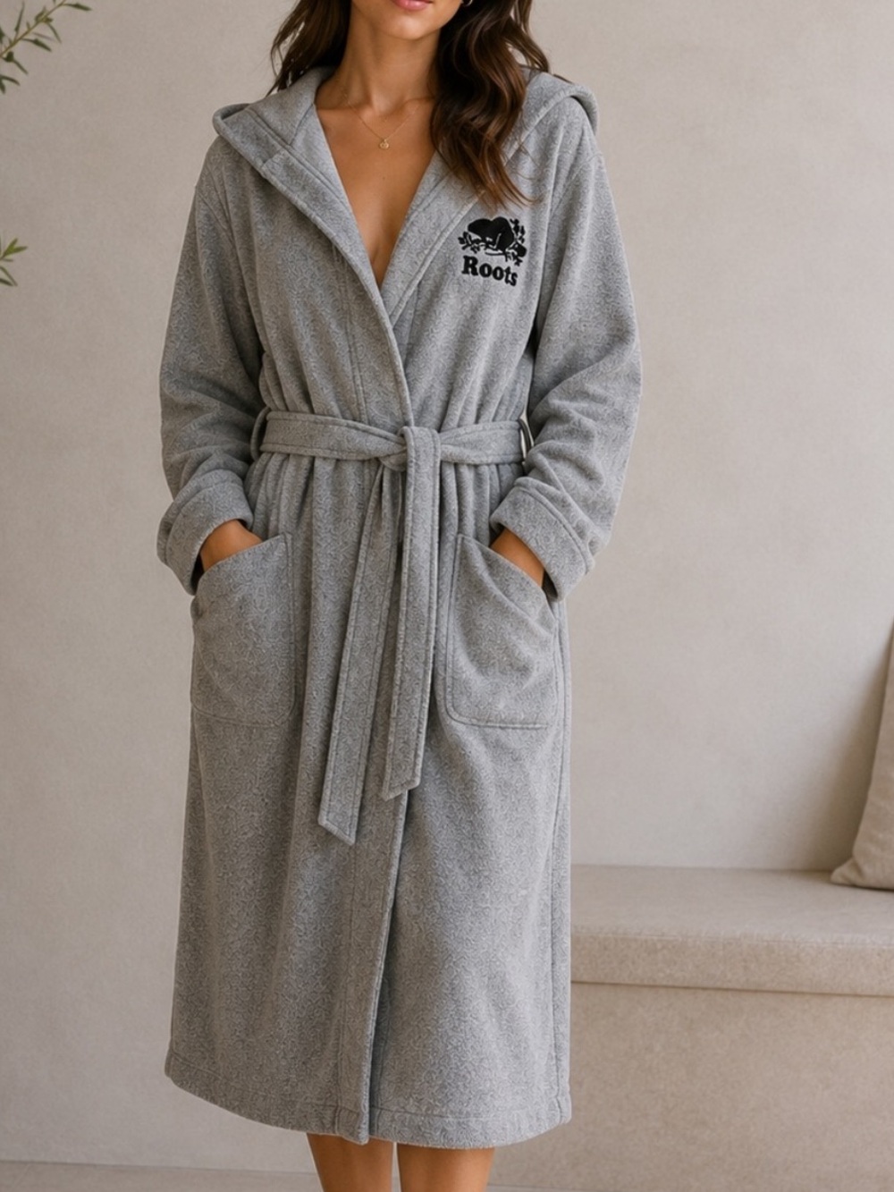Roots Heritage Fleece Robe cotton blend hooded belted patch pockets grey XXL-3X